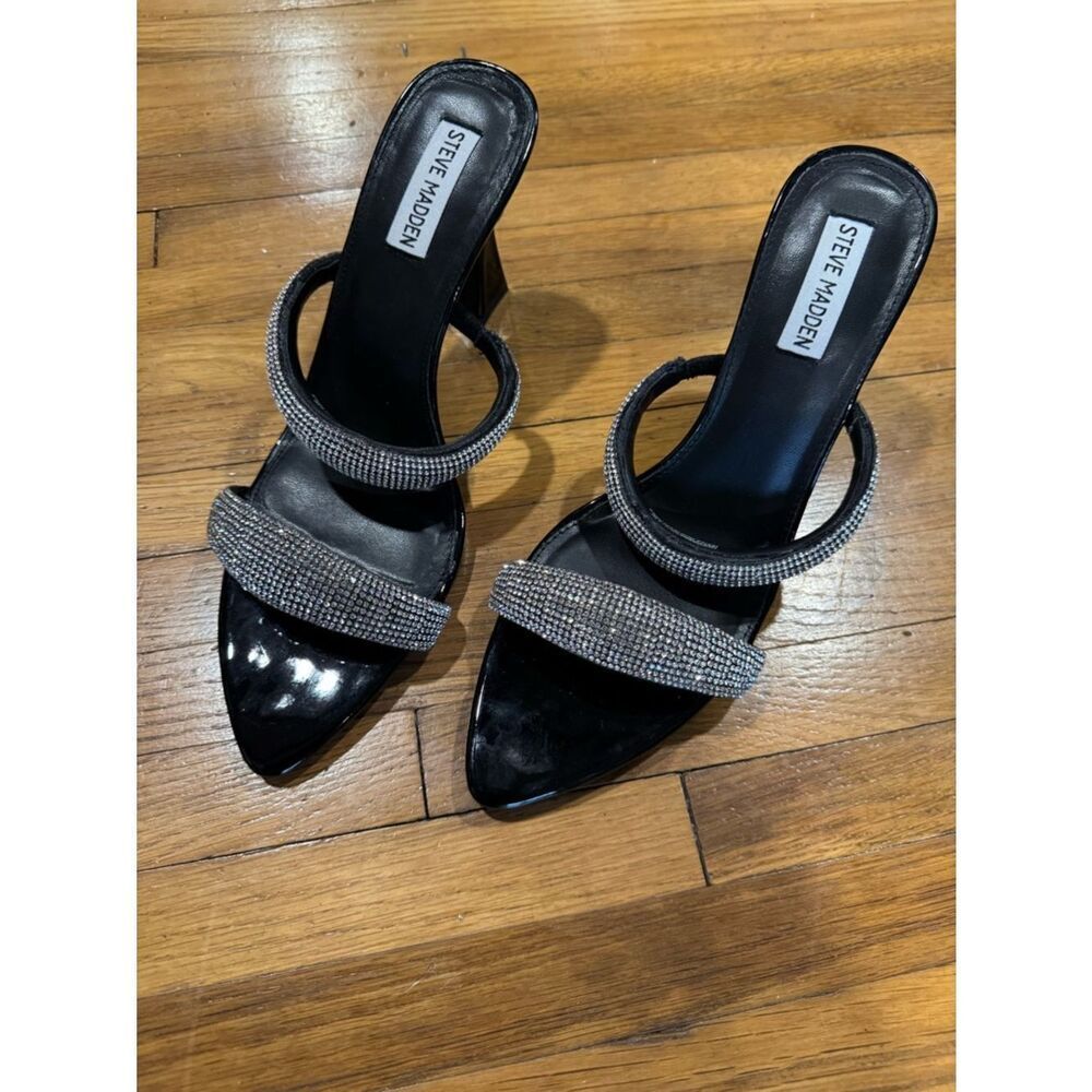 Revolve Steve Madden Metallic Harperr Black Crystal Embellished Heeled Sandals - Picture 5 of 13